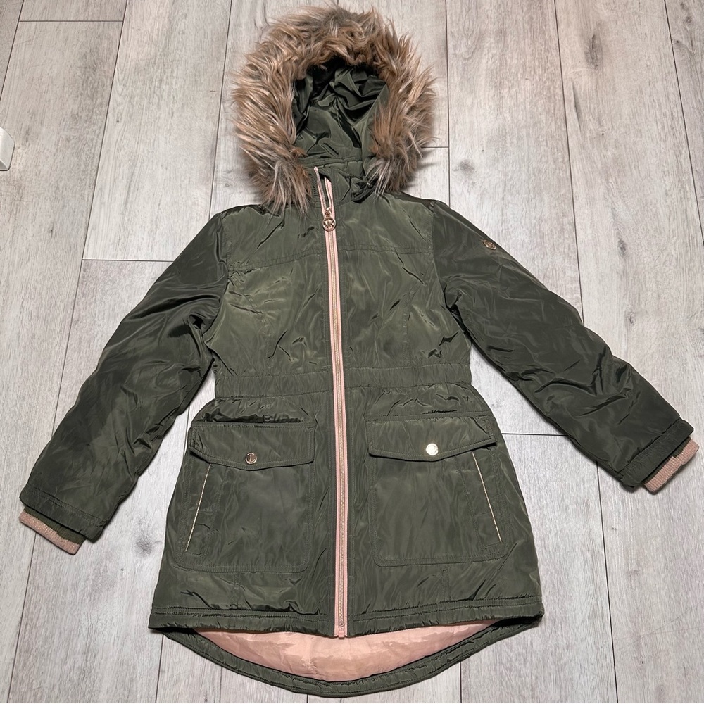 MICHAEL Michael Kors Olive Parka with Faux Fur and Pink Lining Size 7-8